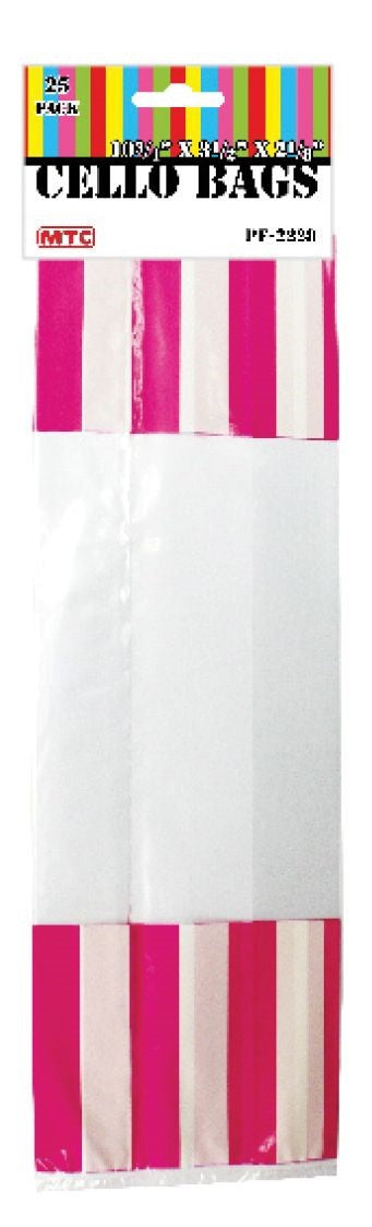 10'' Striped Cello Bags Fuchsia 25ct